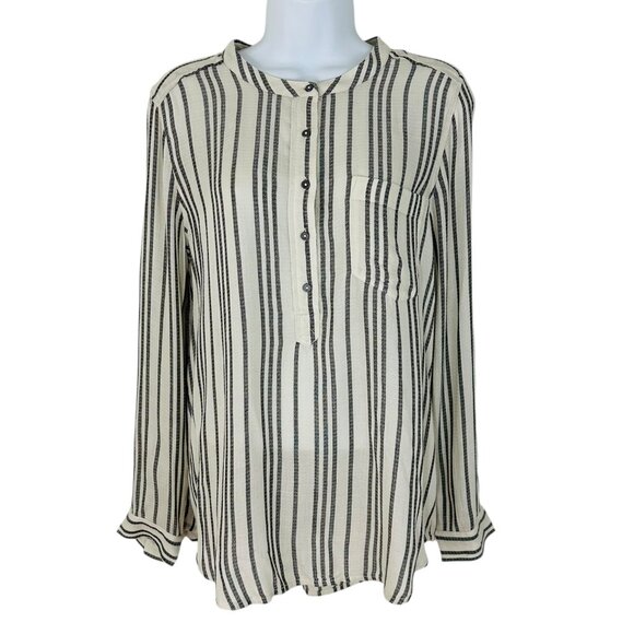 Lucky Brand Women's Size M Striped Roll Tab Sleeves Ivory Black Popover Blouse - Picture 1 of 8